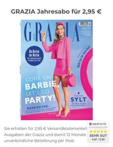 Zeitschrift Grazia Jahresabo Print, gegen Versandkostenpauschale