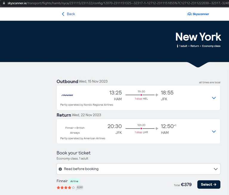 Flüge: nach New York City (JFK) ab Hamburg (HAM) mit Finnair/British Airways/American Airlines