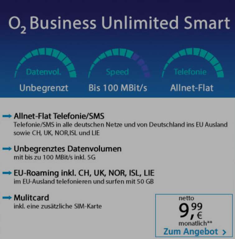 [Selbständige/Freiberufler/Unternehmen] o2 Business Unlimited Smart 2022 SIMOnly Flatrate ohne Drosselung bis 100 MBit/s *Black Week Deal*