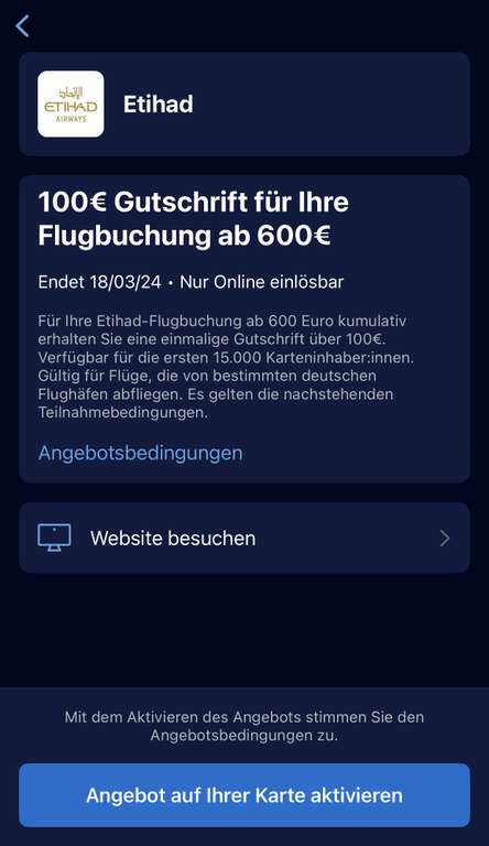 [Amex Offers] 100 Euro Gutschrift ab 600 Euro bei Etihad (personalisiert)