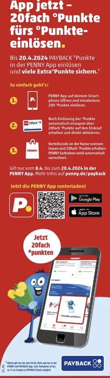 [Payback/Penny] 20-fach auf den Einkauf (200Punkte in App einlösen) / vom 8.4.24 bis 20.04.24