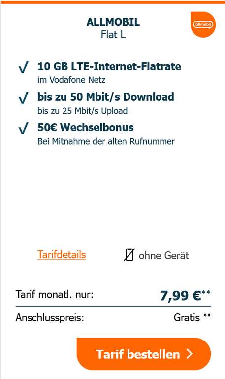 Vodafone Sim Only: Allnet/SMS Flat 10GB LTE bis 50Mbit/s für dauerhaft 7,99€/Monat (eff. 5,28€), 0€ AG, 50€ Wechselbonus, 15€ Cashback