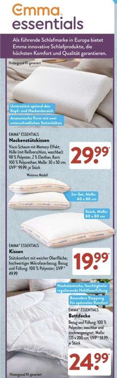 Emma Essentials Kopfkissen 80x80 oder 40x80 – 19,99€ bei ALDI SÜD