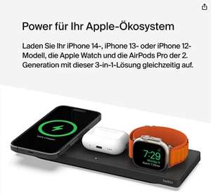 Belkin BoostCharge Pro 3-in-1-Ladepad mit offizieller MagSafe-Lademöglichkeit (15 W) + Schnellladefunktion für die Apple Watch 8 / 7 / Ultra
