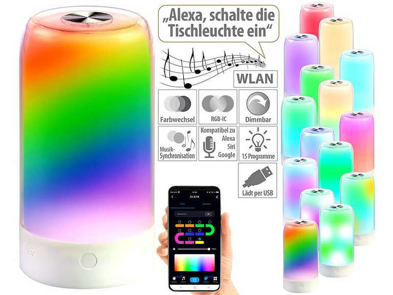 Luminea Home Control Smarte Stimmungsleuchte mit RGB-IC-LEDs, 15 Modi, WLAN, App