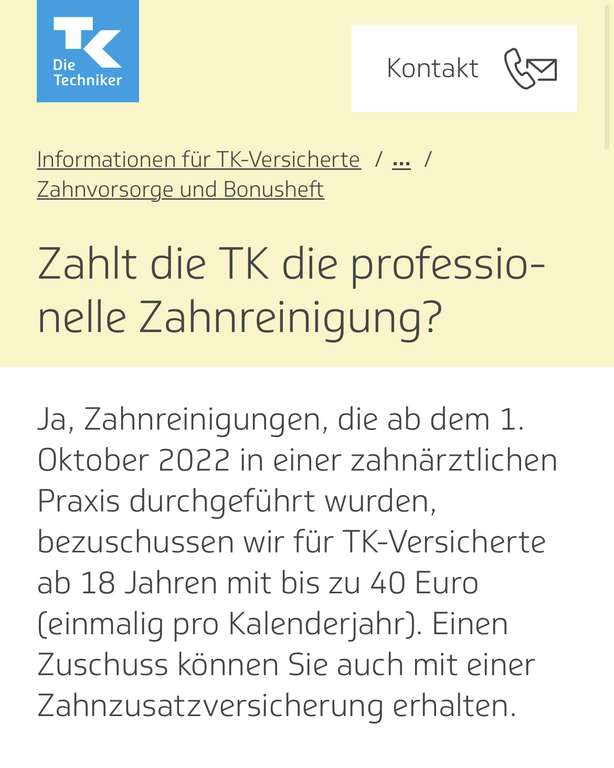[TK Techniker Krankenkasse] 40€ Zuschuss zur prof. Zahnreinigung (PZR) ab Oktober 2022 (1x jährlich)