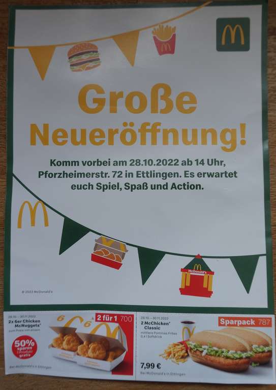 [Lokal] McDonalds Neueröffnung Ettlingen 2 x McChicken Classic, mittl. Pommes, 0.4l Softgetränk 7.99€ / Chicken McNuggets 6er 2 für 1