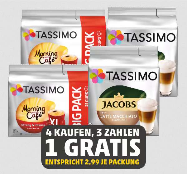(Penny) 4x JACOBS Tassimo Latte macchiato oder Morning Cafe XL, 2,99 € je Packung