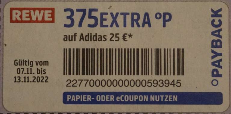 REWE Kartenwelt + Payback: 375 Extra Punkte auf Adidas 25€ Gutscheinkarte / 8-fach auf Aral / 16-fach auf Wunschgutschein