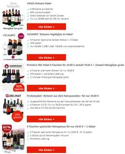 Rotweinpakete von 29,95 bis 49,99 €, 6 bis 9 Flaschen, 29 bis 61% pro Paket sparen + Gratis Gläserset’s + kostenloser Versand