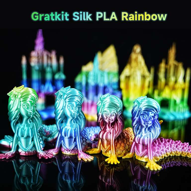 2 Rollen Gratkit Regenbogen 3D-Drucker Filament, schnellerer Farbwechsel, 1,75mm Silk-PLA (19,99€/kg)