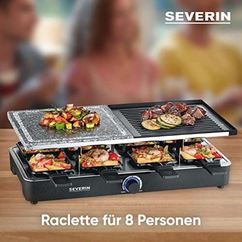 SEVERIN Raclette-Grill mit Naturgrillstein und Grillplatte, Raclette mit antihaftbeschichteter Grillplatte und 8 Pfännchen