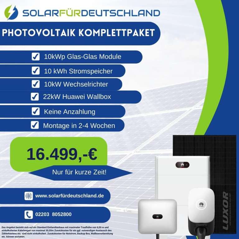 Photovoltaik-Anlage 10KWP + 10er Speicher + Wallbox + Montage für 16.499€