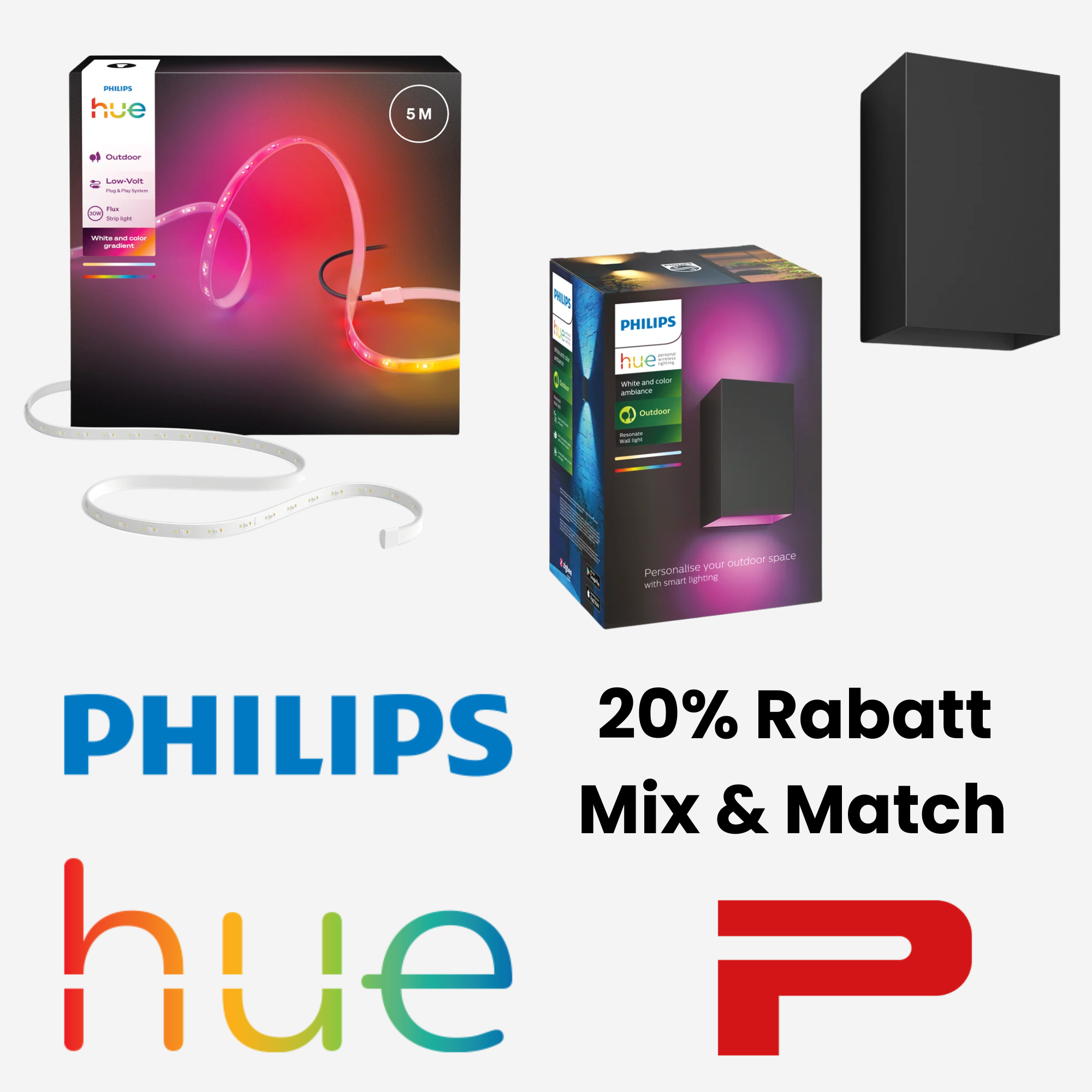 ProShop Philips HUE Mix & Match – 20% auf 2 oder mehr teilnehmende Hue-Produkte im Warenkorb | z.B. Outdoor Wandleuchte + 5 m Flux Strip