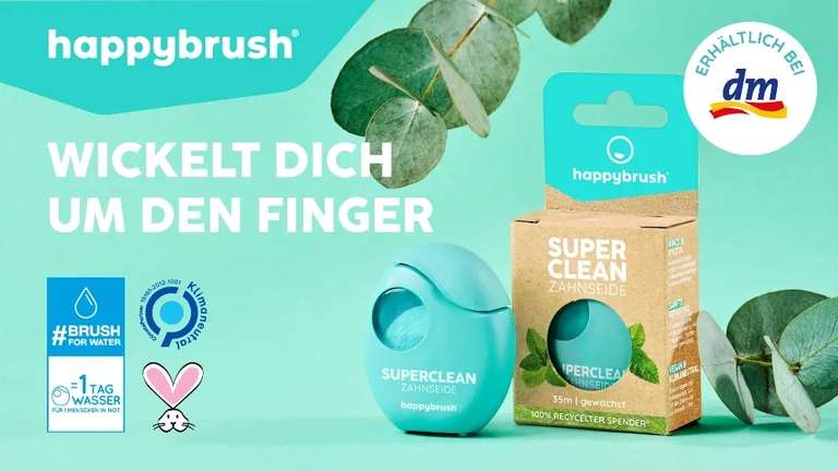 [Marktguru + DM] 1,-€ Cashback auf Happybrush Zahnseide Super Clean gewachst, 35 m, für eff. 0,75€ (bis zu 5x einlösbar)