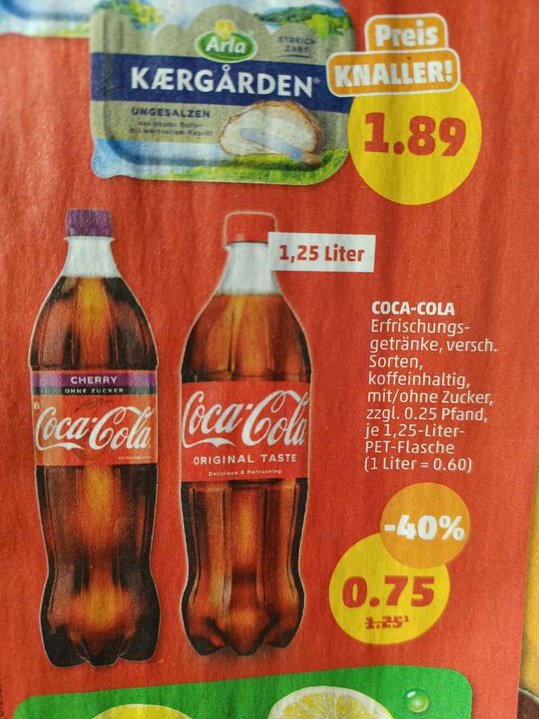 Lokal Penny: Coca-Cola je 1,25l Flasche in versch.Sorten ab 04.10.22 ( Info: Flaschenpreis wurde auf 1,35€ bei Penny erhöht)