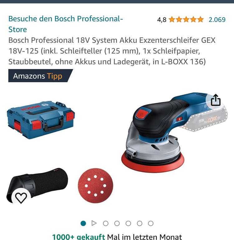 (Hornbach TPG) - Akku-Exzenterschleifer Bosch Professional GEX 18V-125 inkl. L-BOXX, ohne Akku und Ladegerät