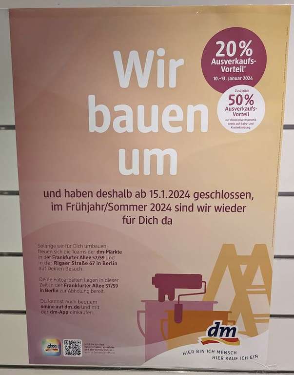 dm Räumungsverkauf: 20% auf Alles* & 50% auf Babykleidung u. dekorative Kosmetik [Berlin: Ringbahn/U5 Frankfurter Allee 111]