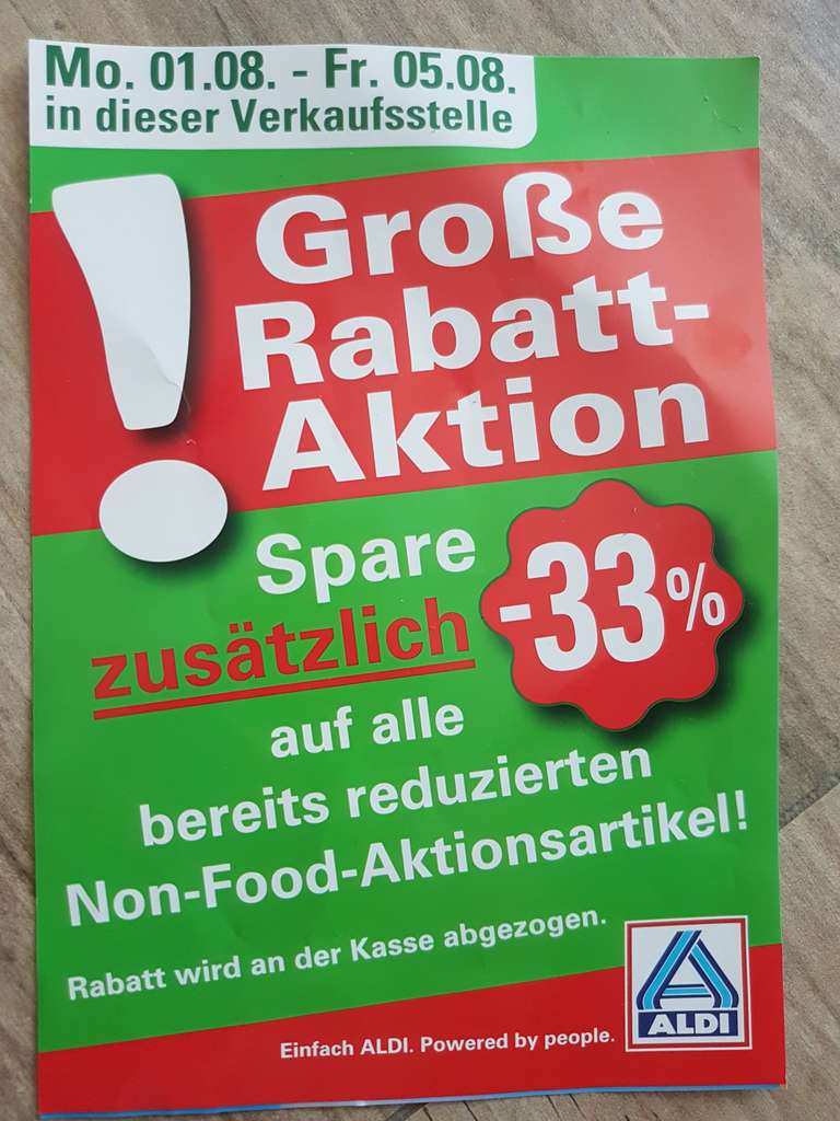 Zusätzlich 33 % auf reduzierte Nonfoodartikel lokal Aldi Zörbig, Radegaster Str. 1.8. - 5.8.22