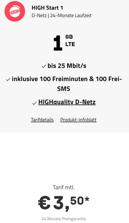 Mini Sim Only Tarif, Telekom Netz: High Mobile 100 Minuten & 100 SMS & 1GB LTE für 3,50€/Monat, 0€ AG, 7,50€ Cashback, eSim kostenlos