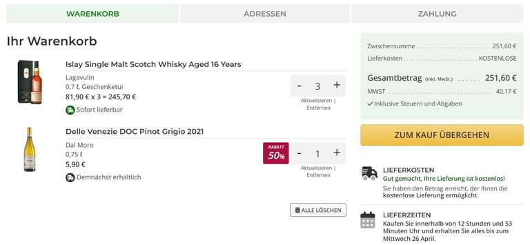 Whisky Nischendeal Lagavulin 16 - Bei Vino.com über Amex Offers (3 Flaschen samt Füllartikel - Einzelpreis je Flasche 57,20€)