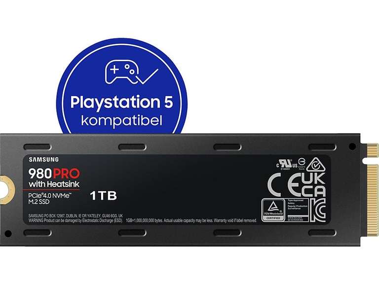SAMSUNG 980 PRO, Playstation 5 kompatibel, Festplatte Retail, 1 TB SSD M.2 via NVMe, intern (mit oder ohne Heatsink)