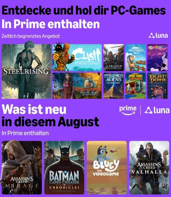 [Prime Gaming] August 2026 - 9 kostenlose PC- Spiele: Steelrising, Spray Paint Simulator usw. + Luna: AC Mirage, AC Valhalla, Bluey usw.