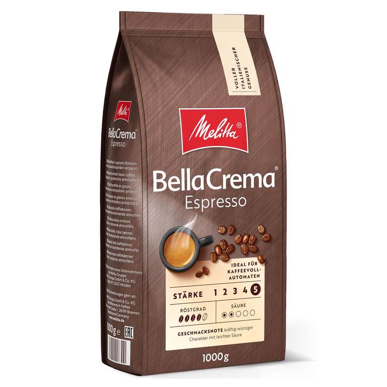 Melitta BellaCrema Espresso Ganze Kafafee-Bohnen 1kg 7,99€ (10% Coupon & Spar-Abo)