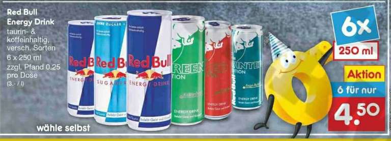 Netto 6x0,25l Dose Red Bull Energy Drink versch. Sorten für 4,50€ Entspricht 0,75€ für die Dose bzw 0,60€ mit 20% Coupon ab 27.12.- 31.12