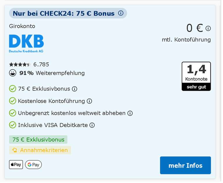 [DKB + Check24] 75,- € Prämie für kostenloses Girokonto bei 700€/Monat Geldeingang oder Unter-28, Apple Pay, Google Pay; Neukunden