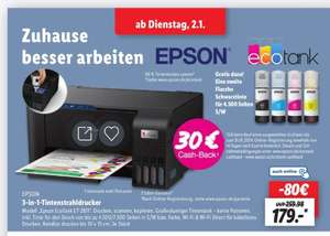 (Lidl) Epson Ecotank Et-2811 3-in1 Tintenstrahldrucker + zweite Flasche Schwarztinte + 30€ Cashback!