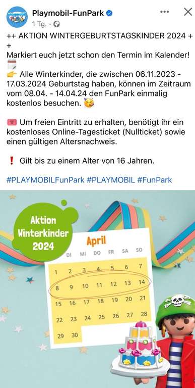 Playmobil Funpark Winter Geburtstagskinder Aktion, freier Eintritt 08.04.-14.04.2024