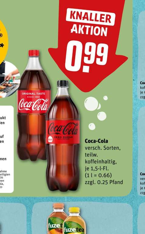 Coca-Cola Vers. Sorten bei Rewe 1,5l für 99ct (1L =66ct) zzgl 25ct pfand