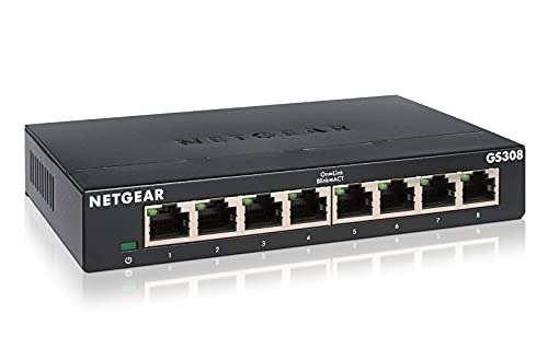 [Amazon Prime] NETGEAR GS308 LAN Switch 8 Port (Gigabit, lüfterlos, robustes Metallgehäuse, Ein-/Ausschalter)
