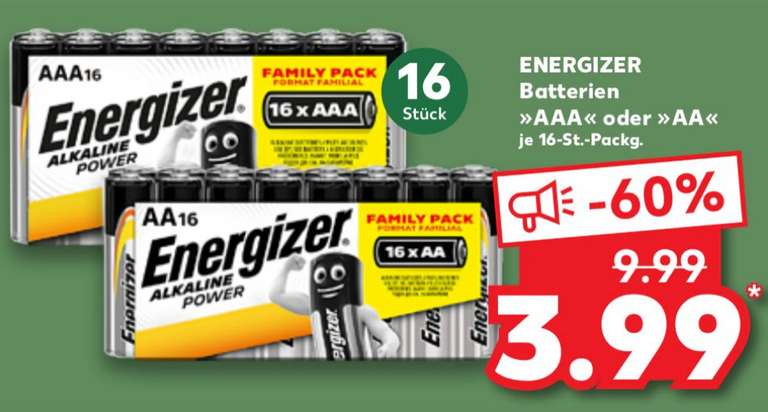 [kaufland] 16 Stück Energizer Alkaline Power AA oder AAA Batterien (Family Pack) | Filialangebot