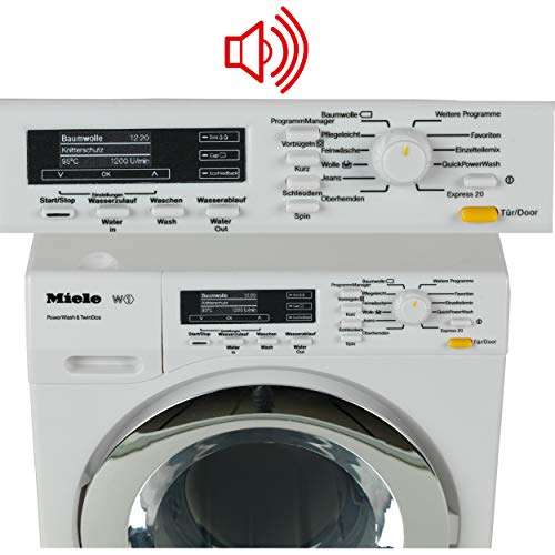 Theo Klein 6941 Miele Waschmaschine - Vier Waschprogramme und Originalgeräusche | Funktioniert mit und ohne Wasser - für Kinder ab 3 Jahren