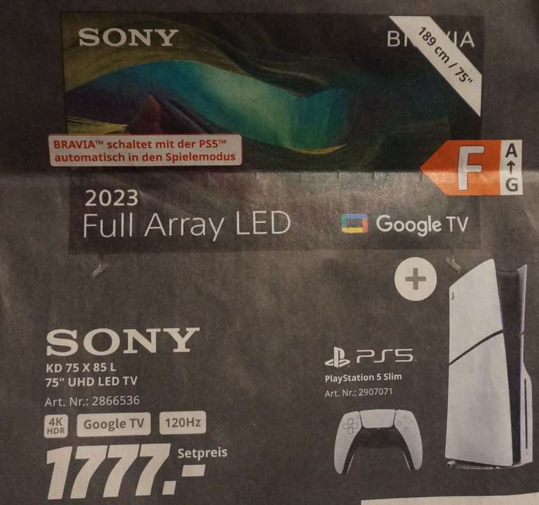 [Media Markt Saturn] Bundle Sony Bravia Google TV KD75X85L KD 75 X 85 L + Playstation PS 5 Slim 1.777€ 25.03. - 06.04.2024