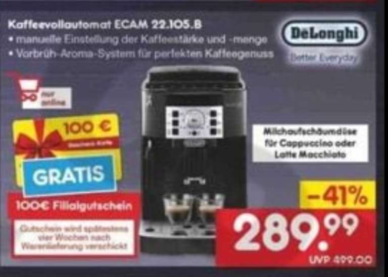 [netto online / bis 20.11.] De'Longhi Kaffeevollautomat ECAM 22.105.B mit 100€ Netto Einkaufsgutschein - effektiv ~175€ möglich