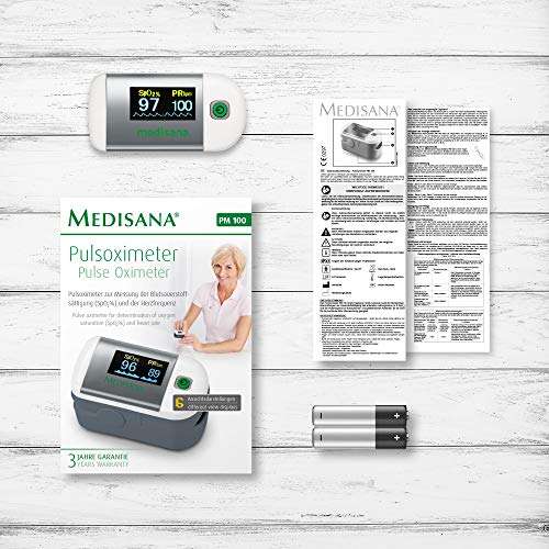 [Prime] medisana PM 100 Pulsoximeter, Messung der Sauerstoffsättigung im Blut, Fingerpulsoxymeter mit OLED-Display und One-Touch Bedienung