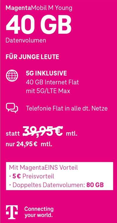Telekom MagentaMobil M Young 40 GB 24,95 € mtl. statt 39,95 € mtl. plus 250 € Barauszahlung (lokal)