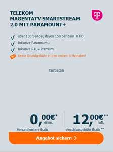 Telekom MagentaTV SmartStream 2.0 inkl. Paramount+, RTL+ Premium, Netflix & Disney+ mit Werbung für 12€ pro Monat | + 6 Freimonate