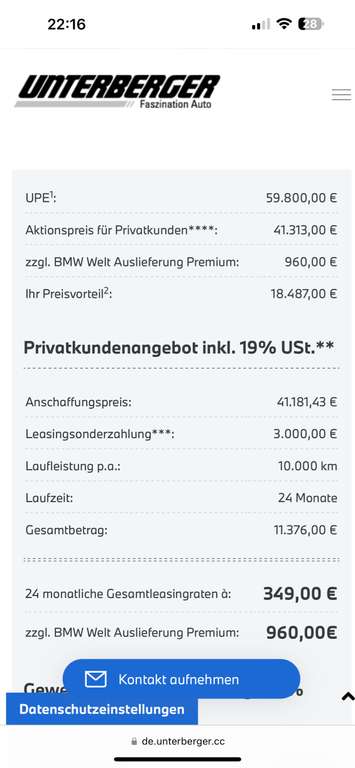 BMW I4 Privat Leasing 24 Monate Laufzeit 339€ monatlich 10000 Km jährlich. 11376€ insgesamt