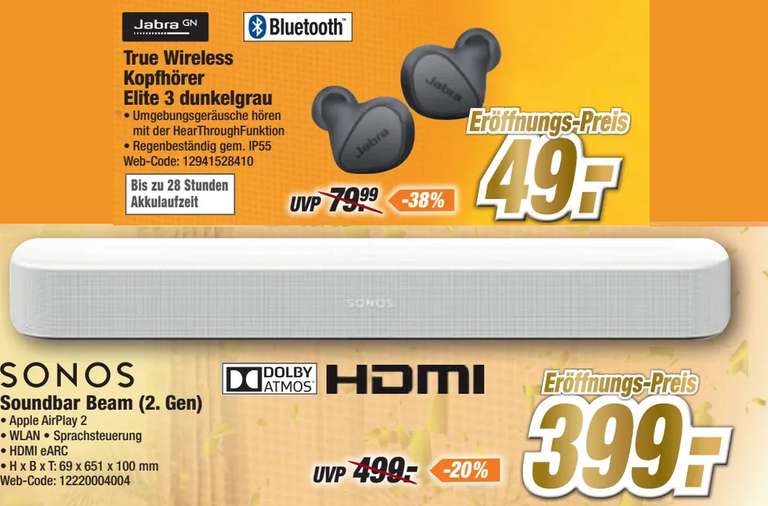 [lokal | Expert Gröblinghoff] Sonos Beam Gen.2 Soundbar in weiß für 399€ | Jabra Elite 3 - True Wireless In-Ear Kopfhörer für 49€