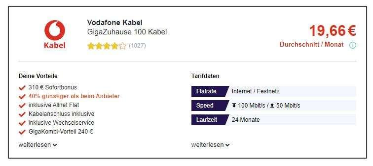 Vodafone Kabel GigaZuhause 100 Kabel inklusive Fritzbox 6660
