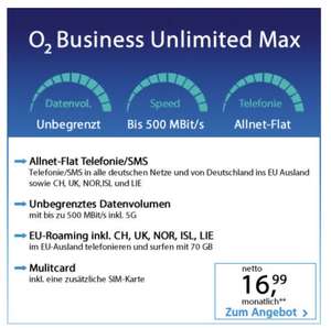 [Business/Neu-&Bestandskunden] 13,99€/Monat/netto (16,64 brutto) O2 Unlimited (500MBit/S; 5G) mit Allnetflat und Roaming
