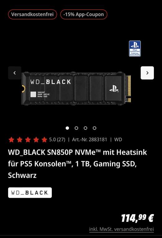 WD_BLACK SN850P NVMe mit Heatsink für PS5 Konsolen, 1 TB, Gaming SSD, Schwarz (Preis nur lokal möglich)