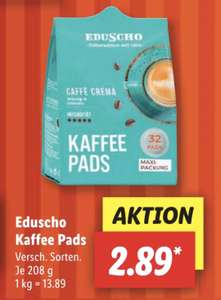 Lidl Eduscho Kaffeepads 32 Stück verschiedene Sorten, je 208 g = 2,89€ 1kg=13.89