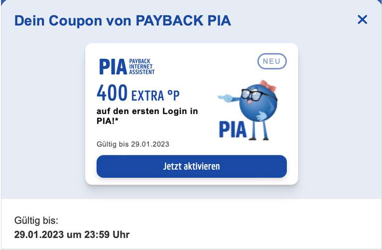 [Payback PIA] 400 Punkte geschenkt für erstmaliges Einloggen , Personalisiert