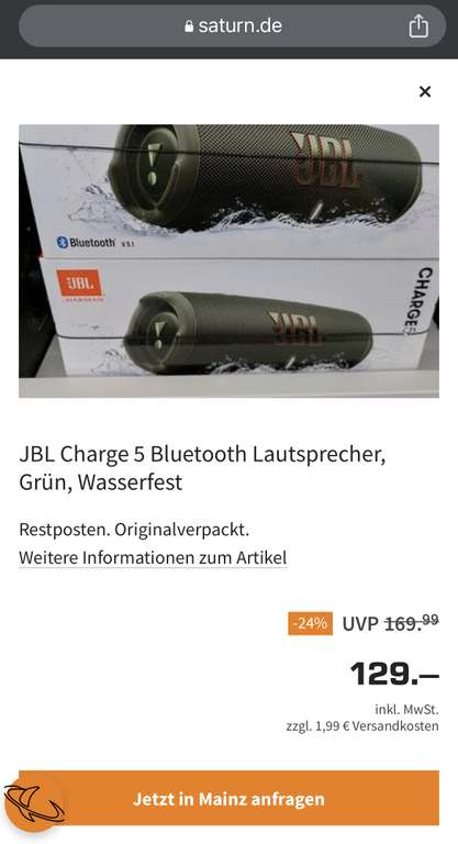 (Saturn Mainz) JBL Charge 5 Bluetooth Lautsprecher, Grün, Wasserfest