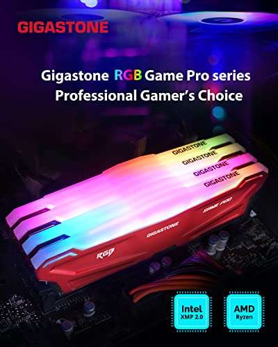 Gigastone Red RGB Game PRO Desktop RAM 16GB (2x8GB) DDR4 Ram 16GB DDR4-3200 MHz PC4-25600 CL16 1,35 V 288 Pin/Polig Ungepuffert Nicht-ECC